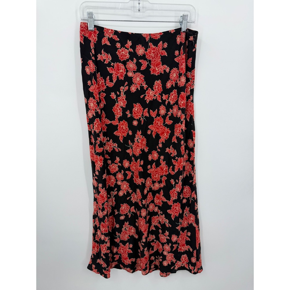 Ann Taylor Loft Floral 100% Silk long Skirt Women 10 Black Red Bias Cut Side Zip